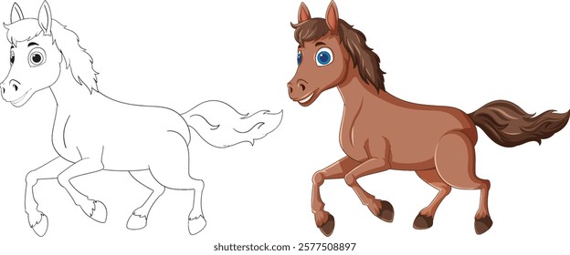 Colorful and outlined horse in playful pose