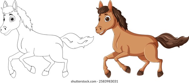 Colorful and outlined horse in playful pose