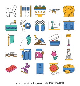 Colorful outlined icon set showing diverse flat symbols  animals, tools, food, flags, medical and business items, sports and abstract concepts on a clean white background