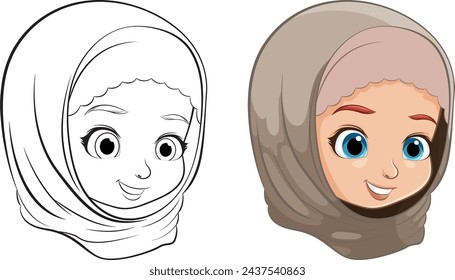 Colorful and outlined illustrations of a cheerful girl