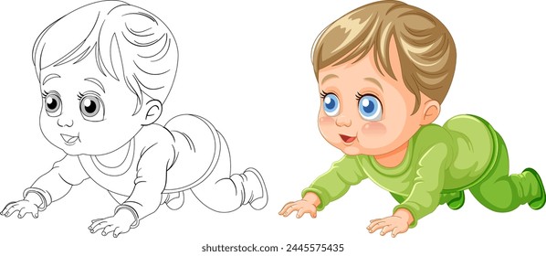 Colorful and outlined illustrations of crawling baby