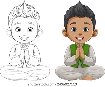 Colorful and outlined illustrations of a meditating child