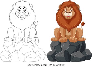 Colorful and outlined lion illustrations side by side.