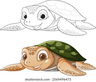 Colorful and outlined sea turtle with happy expression