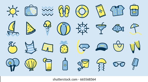 Colorful outlined set of icons. Multiple items related with summer, beach and holiday.