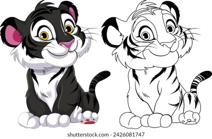Colorful and outlined tiger cubs sitting side by side.