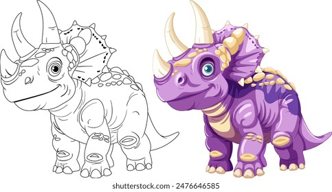 Personaje de dibujos animados de triceratops colorido y delineado