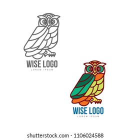 Colorful and outlined variants of logo template with side view owl portrait, vector illustration isolated on white background. Side view owl body logo, logotype, badge template