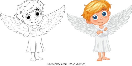 Versiones coloridas y delineadas de un niño ángel de dibujos animados