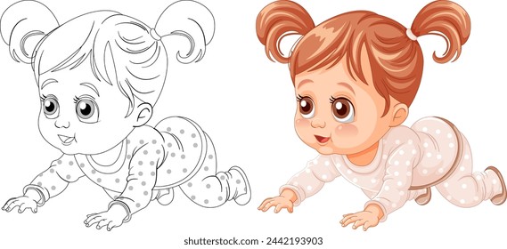 Colorful and outlined versions of a crawling baby girl