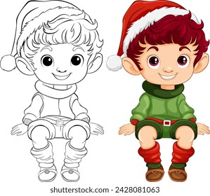 Colorful and outlined versions of a festive elf.