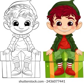 Colorful and outlined versions of a happy elf.