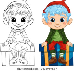 Colorful and outlined versions of a happy elf.