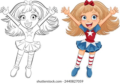 Colorful and outlined versions of a happy girl