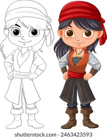 Colorful and outlined versions of a pirate kid