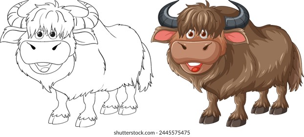 Colorful and outlined yak characters smiling.