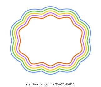 Colorful oval concentric frames with wavy edges. Geometric shapes with curvy borders. Blank text box, tag or label isolated on white background. Vector illustration.