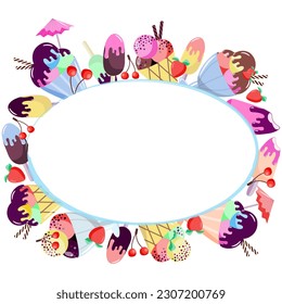 Colorful oval frame of various ice creams on a white background. Summer vector illustration.