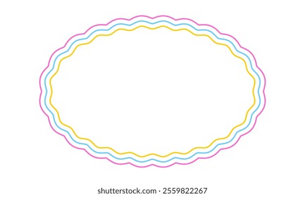 Colorful oval frame with wavy edges. Geometric shape with scallop borders. Blank text box, tag or label isolated on white background. Vector illustration.