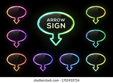 Colorful oval neon lights banner design set. Glowing electric illuminated arrow signs with glass texture plate on black background. Gradient elements for ad, sign, poster. Bright vector illustration.