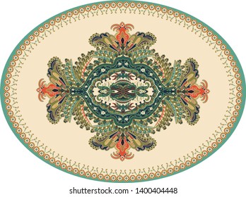 Colorful oval Persian vector design for rug, carpet, medallion. Geometric green, beige floral backdrop. Arabian ornament with decorative elements. Elliptical Turkish carpet with folk national ornament