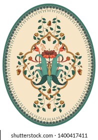 Colorful oval Persian vector design for rug, carpet, medallion. Geometric green, beige floral backdrop. Arabian ornament with decorative elements. Elliptical Turkish carpet with folk national ornament