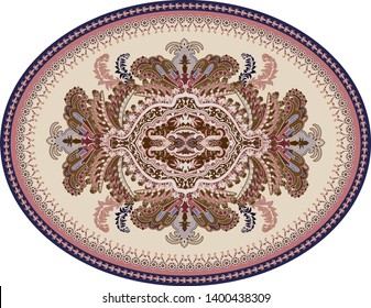 Colorful oval Persian vector design for rug, carpet, medallion. Geometric pink, beige floral backdrop. Arabian ornament with decorative elements. Elliptical Turkish carpet with folk national ornament