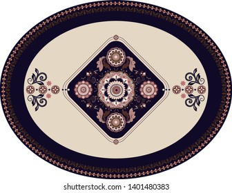 Colorful oval Persian vector design for rug, dish, plate. Geometric blue, beige floral backdrop. Arabian ornament with decorative elements. Elliptical Turkish carpet with folk national ornament