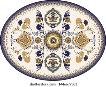 Colorful oval Persian vector design for rug, carpet, medallion. Geometric floral backdrop. Arabian ornament with decorative elements. Elliptical Turkish carpet with folk national ornament