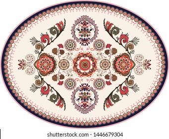 Colorful oval Persian vector design for rug, carpet, medallion. Geometric floral backdrop. Arabian ornament with decorative elements. Elliptical Turkish carpet with folk national ornament