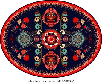 Colorful oval Persian vector design for rug, carpet, medallion. Geometric floral backdrop. Arabian ornament with decorative elements. Elliptical Turkish carpet with folk national ornament