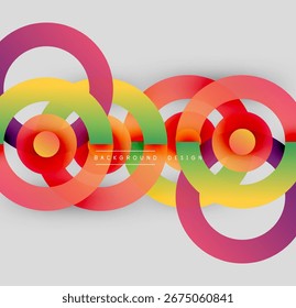 Colorful overlapping circles create dynamic visual effect. Gradient hues blend, forming abstract composition. Modern design element.