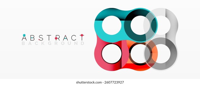 Colorful overlapping circles create modern abstract design. Bright shapes, smooth gradients, simple geometry. Perfect for backgrounds, presentations.