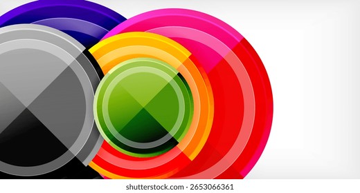 Colorful overlapping circles create modern abstract design. Bright hues contrast against dark background. Simple geometric shapes.