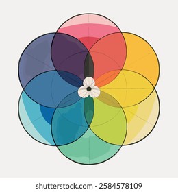 Colorful overlapping circles create a vibrant flower-like pattern. The circles form a harmonious blend of colors, showcasing a dynamic and artistic design. Vintage art illustration, vector.