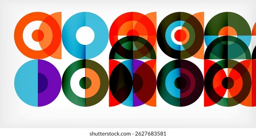 Colorful overlapping circles create vibrant geometric pattern. Bright hues blend, forming interesting visual texture.