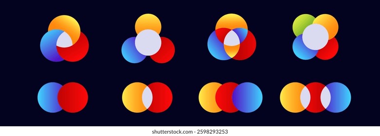 Colorful overlapping circles form diverse shapes with unique blends, creating engaging visual patterns.