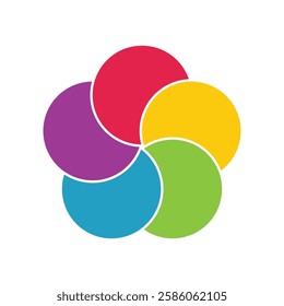Colorful overlapping circles of infographic pie chart divided into 4 parts. Diagram, chart with 4 steps, options, parts, processes with colorful petals. Vector Illustration.