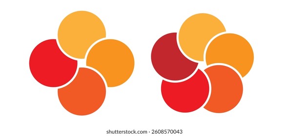 Colorful overlapping circles of infographic pie chart divided into 4 or 5 parts.