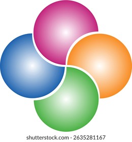 Colorful overlapping circles of infographic pie chart divided into 4 parts. Diagram, chart with 4 steps, options, parts, processes with colorful petals. Vector Illustration.