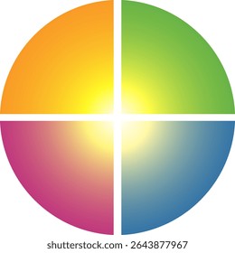 Colorful overlapping circles of infographic pie chart divided into 4 parts. Diagram, chart with 4 steps, options, parts, processes with colorful petals. Vector Illustration.	