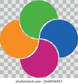 Colorful overlapping circles of infographic pie chart divided into 4 parts. Diagram, chart with 4 steps, options, parts, processes with colorful petals. Vector Illustration.	