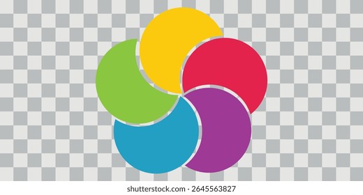 Colorful overlapping circles of infographic pie chart divided into 4 parts. Diagram, chart with 4 steps, options, parts, processes with colorful petals. Vector Illustration.	
