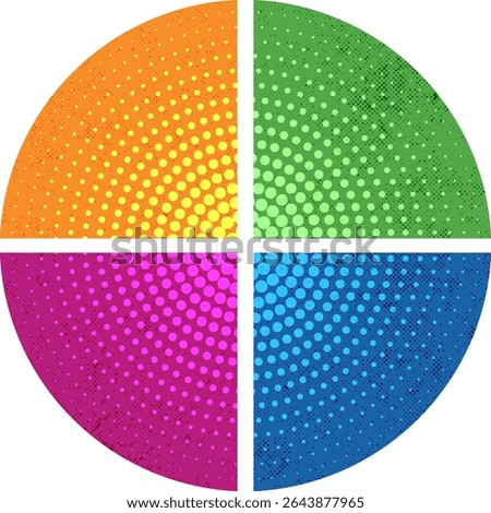 Colorful overlapping circles of infographic pie chart divided into 4 parts. Diagram, chart with 4 steps, options, parts, processes with colorful petals. Vector Illustration.	