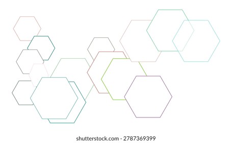 Colorful overlapping hexagons connected by multicolored straight lines on white background