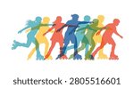 Colorful overlapping silhouettes of diverse people rollerblading and inline skating in a row. Flat vector illustration with vibrant transparent colors on a solid white background.