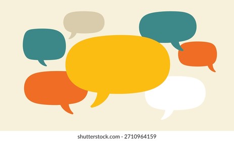 Colorful overlapping speech bubbles in a modern flat style on a neutral background, representing communication, conversation, dialogue, social interaction, messaging, and creative graphic design theme