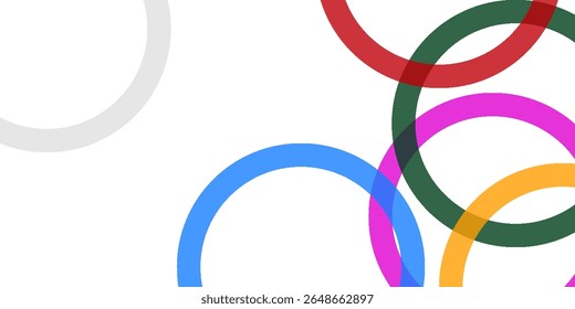 Colorful overlapping transparent rings on a white background, creating a playful and modern abstract vector with a clean, geometric aesthetic.