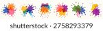 Colorful overlapping vector splash shapes with dripping liquid paint, ink drops stains graphic design elements set