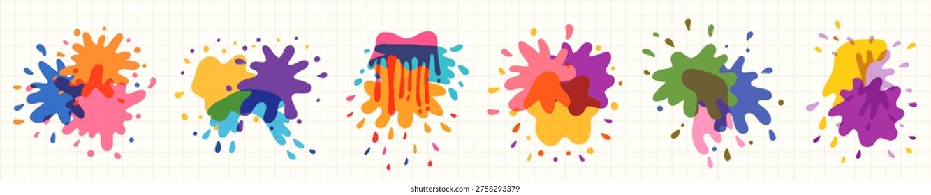 Colorful overlapping vector splash shapes with dripping liquid paint, ink drops stains graphic design elements set